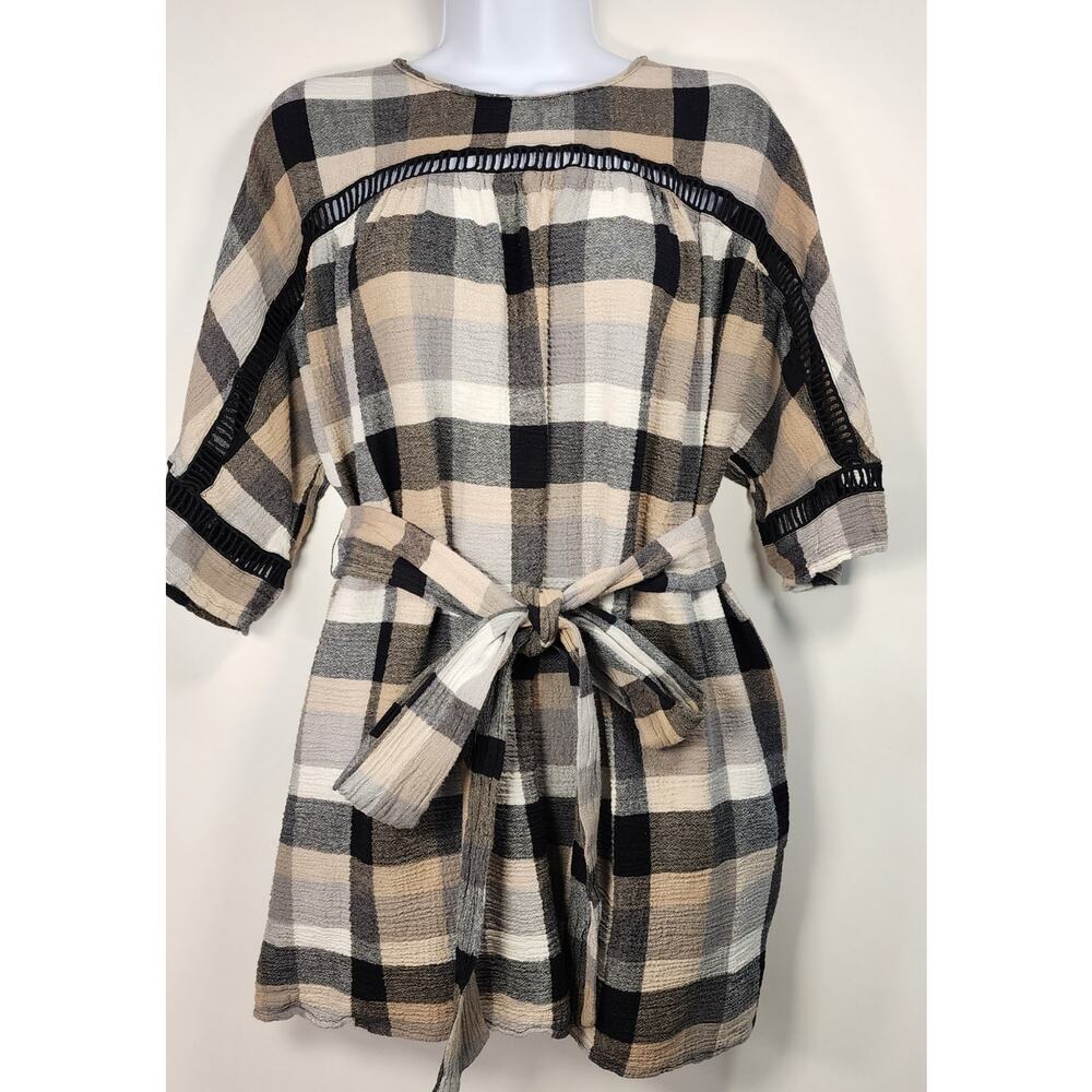 Maeve‎ Anthropologie Plaid Tie Waist Dress Women’s Gray Beige Boho Size S
